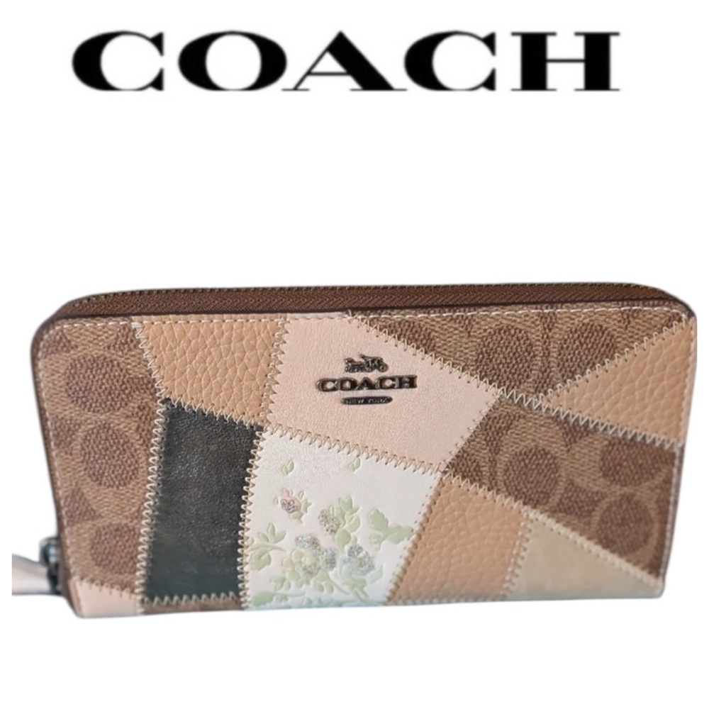 COACH Signature Patchwork Accordion Zip Wallet Neutral Leather Suede $295